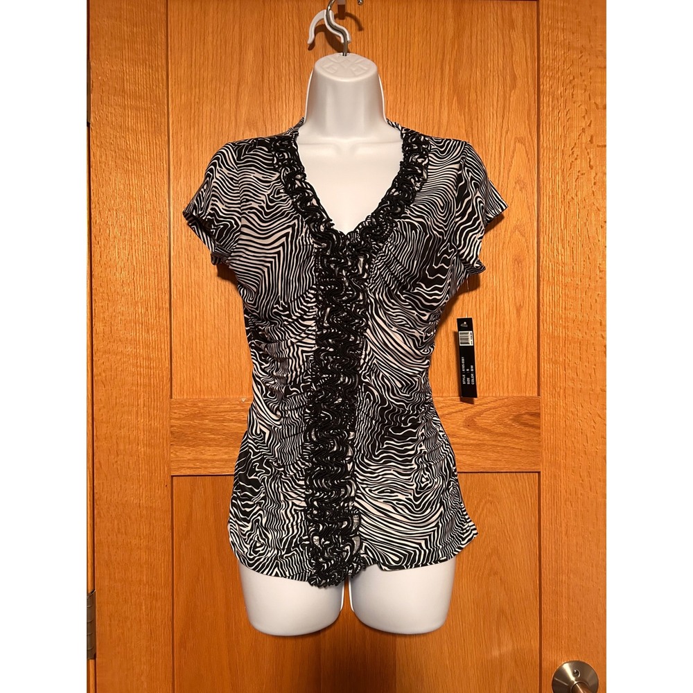 NEW VINTAGE Y2K Zebra Swirl Print V-Neck Ruffle Women's Top Black White Sz Small